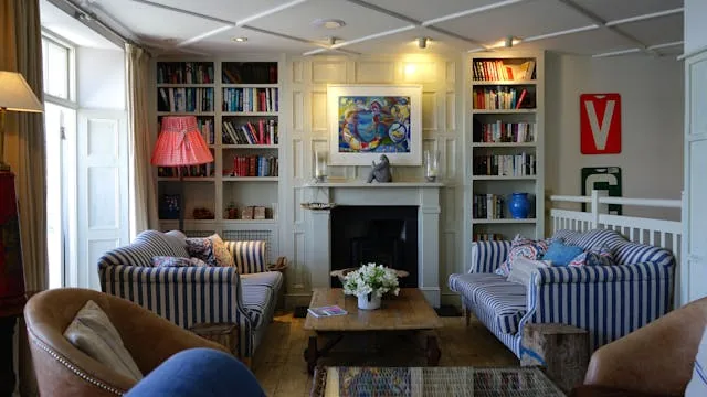 Living room with two striped couches